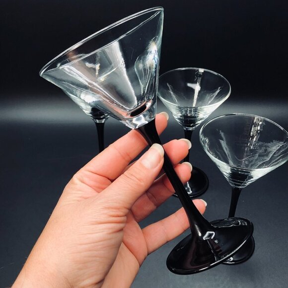 80s Black Stem Martini Glass set of 4 Cosmopolitan Domino Vintage Barware - Picture 7 of 11